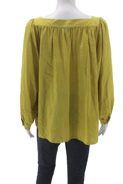 DKNY Womens Basic Silk Square Neck Long Sleeve Blouse Yellow Bohemian Size L