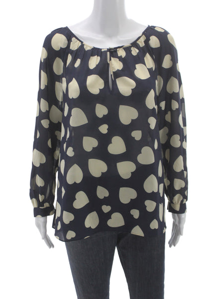 J Crew Womens Basic Heart Print Round Neck Long Sleeve Blouse Blue Size L
