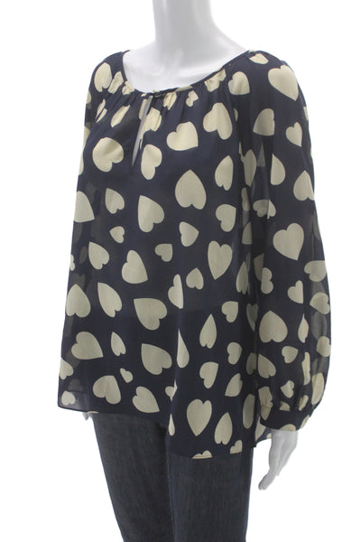 J Crew Womens Basic Heart Print Round Neck Long Sleeve Blouse Blue Size L