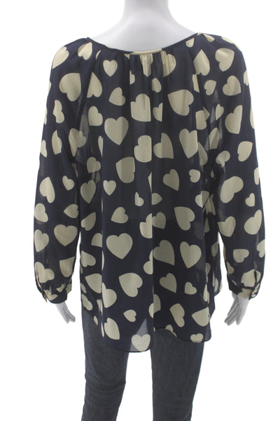 J Crew Womens Basic Heart Print Round Neck Long Sleeve Blouse Blue Size L
