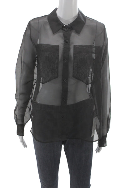 Cami NYC Women Black Silk Collared Button Long Sleeve Blouse Basic Size S