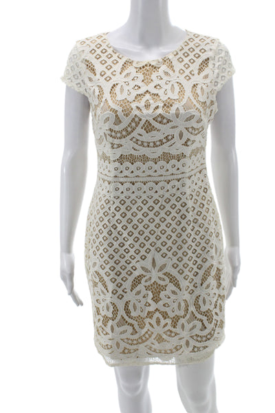 Bailey 44 Women Sheath Dress Lace Geometric Round Neck Sleeve Beige Size M