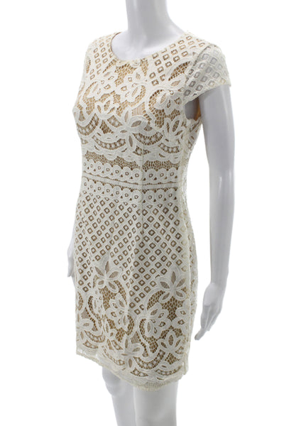 Bailey 44 Women Sheath Dress Lace Geometric Round Neck Sleeve Beige Size M