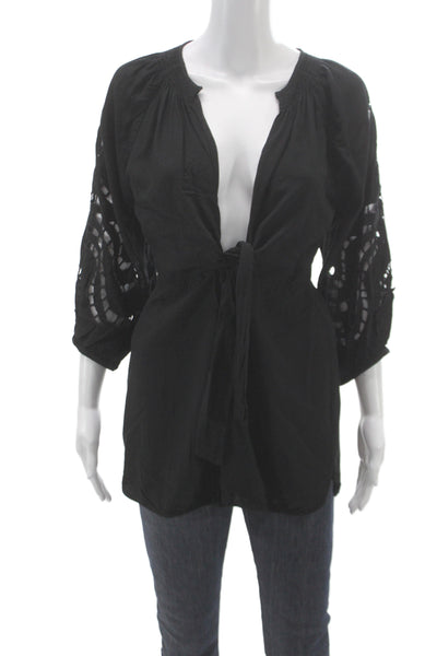 Vix Paula Hermanny Women Tunic Black V Neck 3/4 Sleeve Viscose Boho Size M