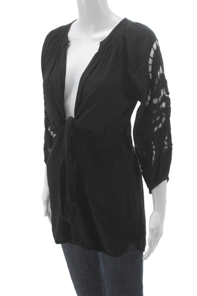Vix Paula Hermanny Women Tunic Black V Neck 3/4 Sleeve Viscose Boho Size M