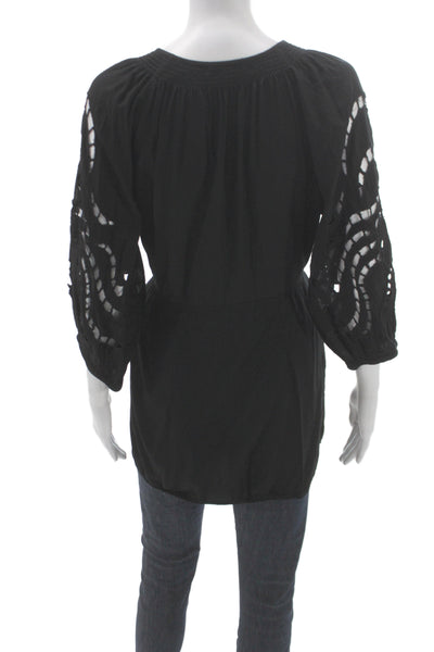 Vix Paula Hermanny Women Tunic Black V Neck 3/4 Sleeve Viscose Boho Size M