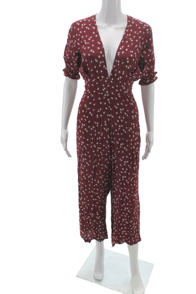 Faithfull The Brand Women Red Floral V-Neck Short Sleeve Jumpsuit Size 6