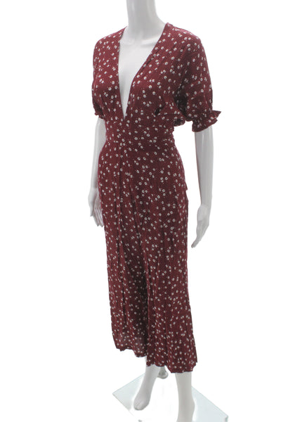 Faithfull The Brand Women Red Floral V-Neck Short Sleeve Jumpsuit Size 6