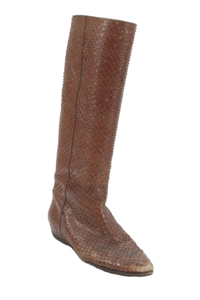 Loeffler Randall Womens Snakeskin Wedge Heels Knee High Boots Shoes Brown Sz 6.5
