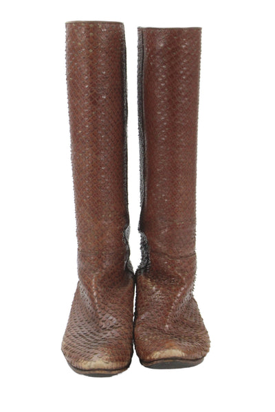 Loeffler Randall Womens Snakeskin Wedge Heels Knee High Boots Shoes Brown Sz 6.5