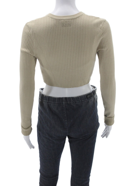Kith Women Striped Beige Long Sleeve Set 49% Cotton Button Round Neck Size M