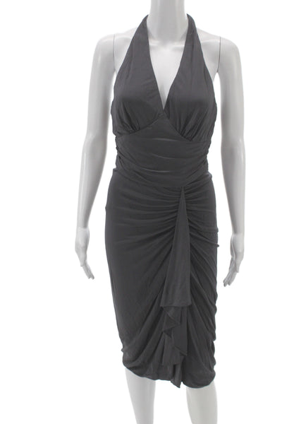 Badgley Mischka Womens Sheath Cocktail Midi Gray Halter Zip Polyester Size 4