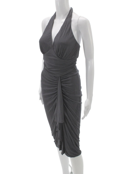 Badgley Mischka Womens Sheath Cocktail Midi Gray Halter Zip Polyester Size 4