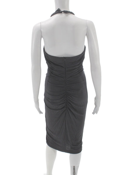 Badgley Mischka Womens Sheath Cocktail Midi Gray Halter Zip Polyester Size 4