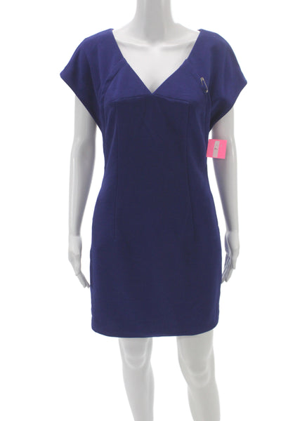 Designer Women Sheath Dress Purple V-Neck Short-Sleeve Polyester Zip Size 4