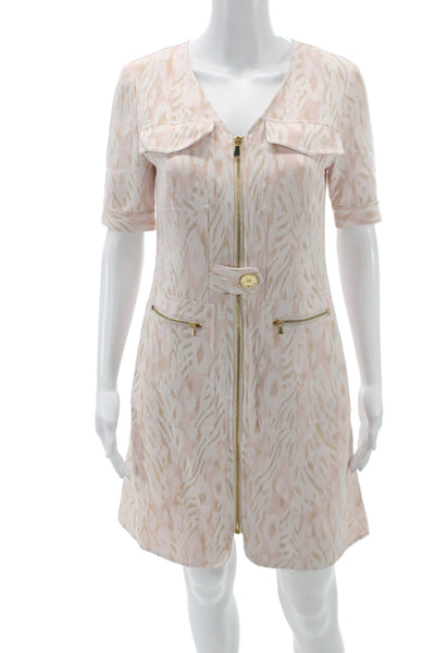 Badgley Mischka Womens Pink Animal Print V-Neck Shirt Dress Short Sleeve Size 6