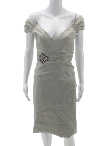 Badgley Mischka Women Silver Off Shoulder Sheath Cocktail Dress Short Size 8