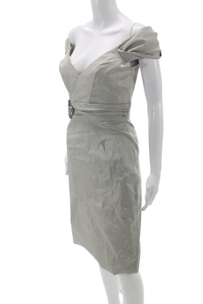 Badgley Mischka Women Silver Off Shoulder Sheath Cocktail Dress Short Size 8