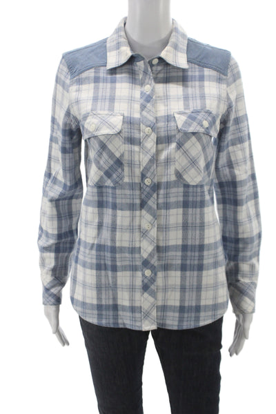 Faherty Women Blue Plaid Collar Button-Up Long Sleeve Organic Cotton Top Size S