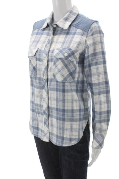Faherty Women Blue Plaid Collar Button-Up Long Sleeve Organic Cotton Top Size S