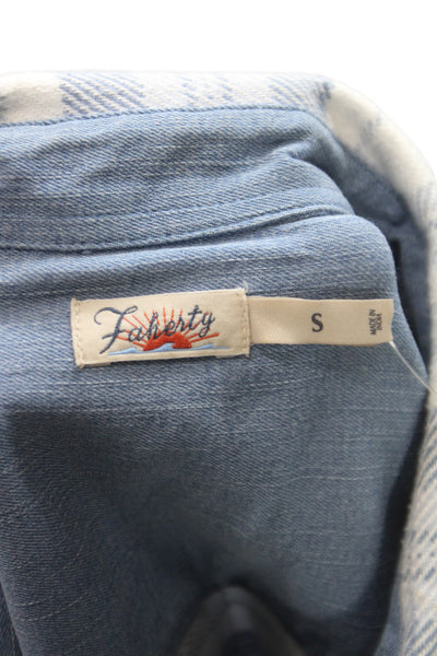 Faherty Women Blue Plaid Collar Button-Up Long Sleeve Organic Cotton Top Size S