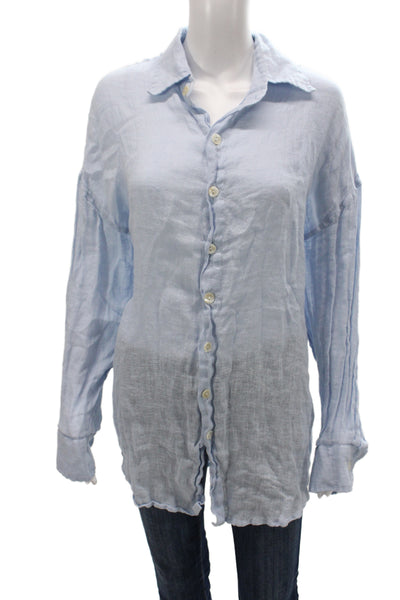Vitamin A Women Blue Linen Collared Tunic Button Up Long Sleeve Size M