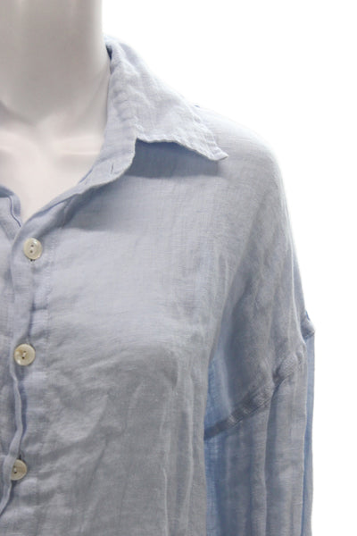Vitamin A Women Blue Linen Collared Tunic Button Up Long Sleeve Size M
