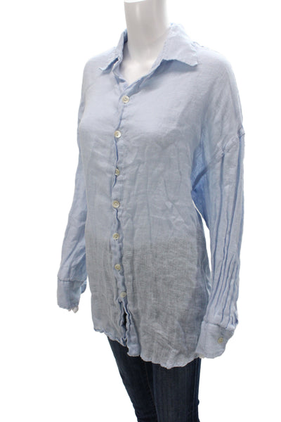 Vitamin A Women Blue Linen Collared Tunic Button Up Long Sleeve Size M