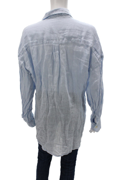 Vitamin A Women Blue Linen Collared Tunic Button Up Long Sleeve Size M