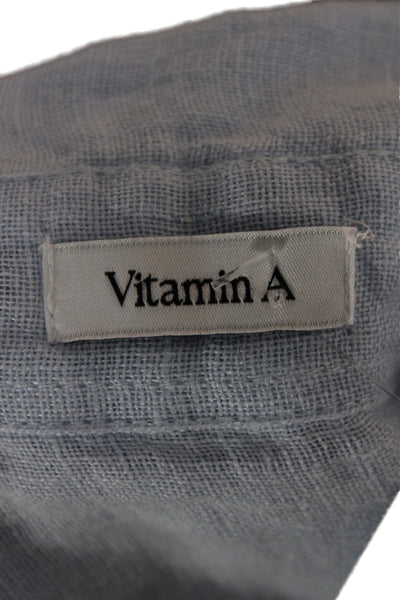 Vitamin A Women Blue Linen Collared Tunic Button Up Long Sleeve Size M