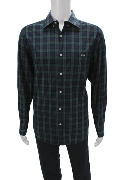 Vineyard Vines Mens Cotton Plaid Button Front Shirt Green Blue size M
