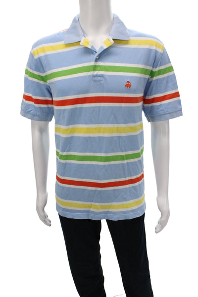 Brooks Brothers Mens Blue Striped Cotton Polo Short Sleeve Button Size L