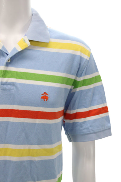 Brooks Brothers Mens Blue Striped Cotton Polo Short Sleeve Button Size L