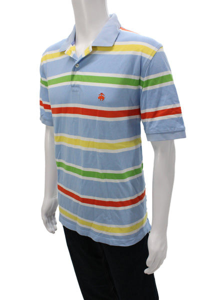 Brooks Brothers Mens Blue Striped Cotton Polo Short Sleeve Button Size L