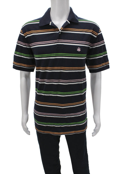 Brooks Brothers Mens Black Striped Cotton Polo Short Sleeve Collared Size L