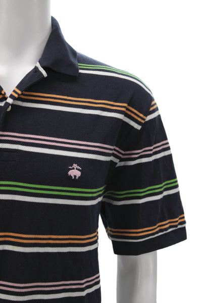Brooks Brothers Mens Black Striped Cotton Polo Short Sleeve Collared Size L