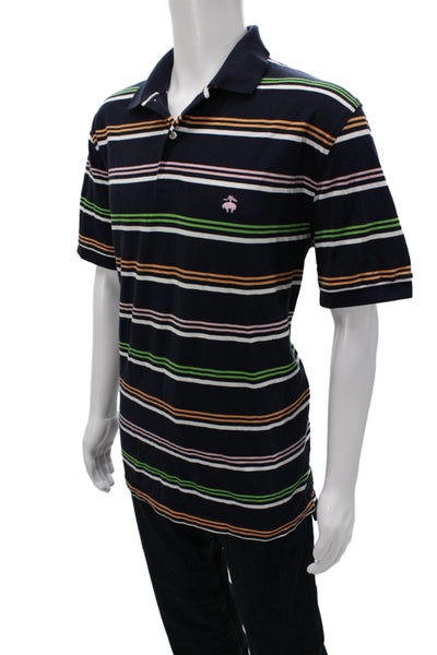 Brooks Brothers Mens Black Striped Cotton Polo Short Sleeve Collared Size L