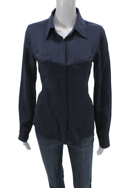 Theory Women Silk Collared Long Sleeve Button Up Blouse Blue Size M