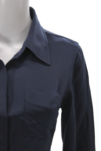 Theory Women Silk Collared Long Sleeve Button Up Blouse Blue Size M
