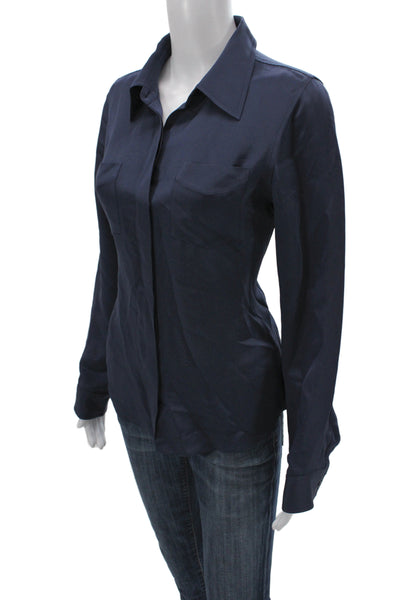 Theory Women Silk Collared Long Sleeve Button Up Blouse Blue Size M