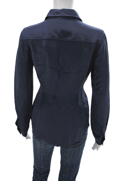 Theory Women Silk Collared Long Sleeve Button Up Blouse Blue Size M