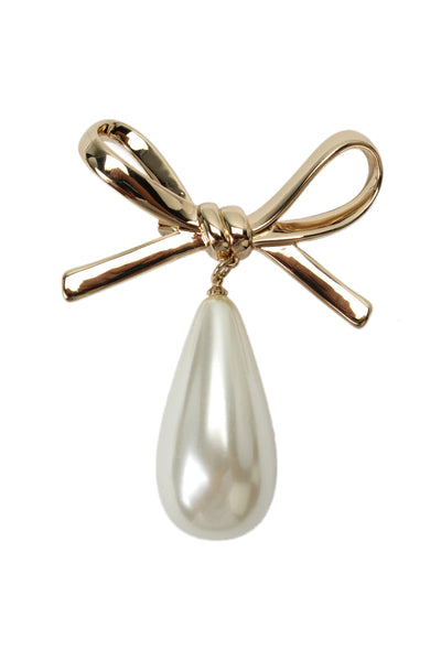 Carolina Herrera Womens Gold Tone Imitation Pearl Bow Drop Brooch NWT
