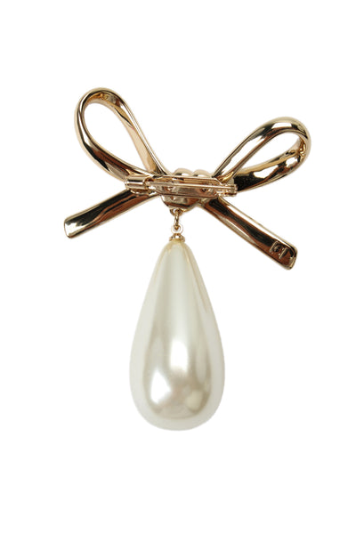Carolina Herrera Womens Gold Tone Imitation Pearl Bow Drop Brooch NWT
