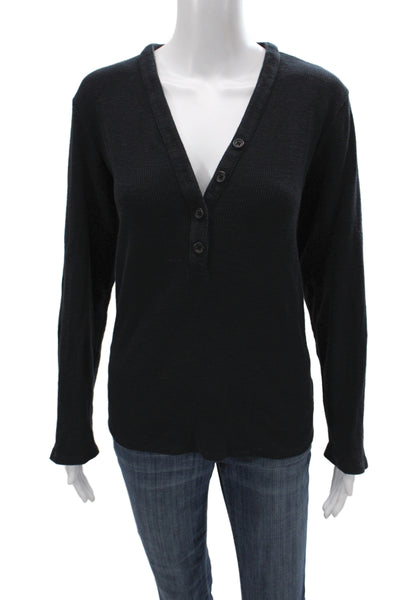 Standard James Perse Women Black Basic Henley Cotton T-Shirt Long Sleeve Size 4