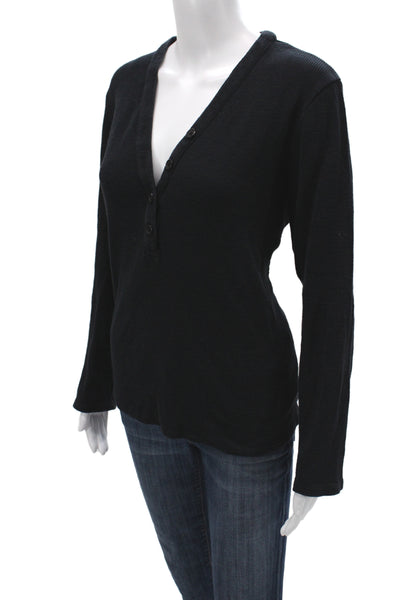 Standard James Perse Women Black Basic Henley Cotton T-Shirt Long Sleeve Size 4