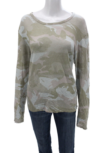 Zadig & Voltaire Women Gray Camo Scoop Neck Long Sleeve Linen T-Shirt Size L