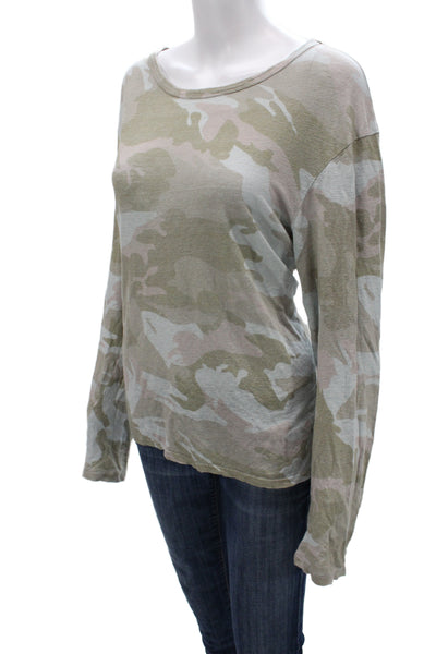 Zadig & Voltaire Women Gray Camo Scoop Neck Long Sleeve Linen T-Shirt Size L