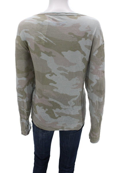 Zadig & Voltaire Women Gray Camo Scoop Neck Long Sleeve Linen T-Shirt Size L