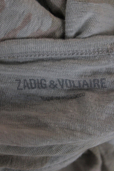 Zadig & Voltaire Women Gray Camo Scoop Neck Long Sleeve Linen T-Shirt Size L