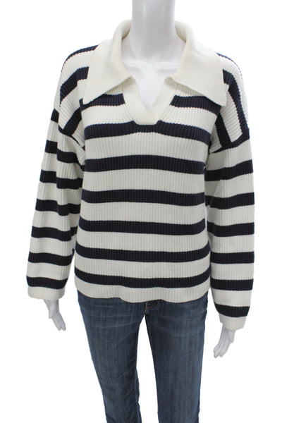Aqua Women Black Striped Collared Sweater Cotton Long Sleeve Size L